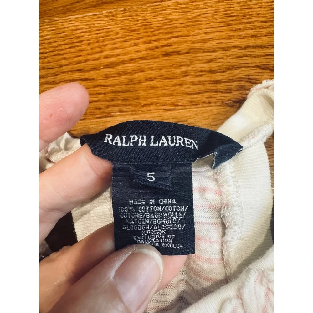 Ralph Lauren Girls Pink White Striped Ruffle Hem Racerback Cotton Dress Size 5